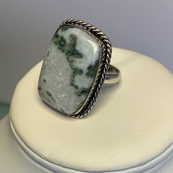 Moss Agate Stone Ring 925 Stamp - Picture 3 of 3